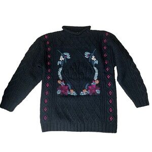 Vintage L.L. Bean Women’s 100% Wool Sweater M Black Floral Embroidered Knit Pull